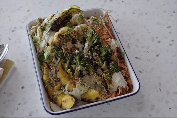 Grilled cabbage with smoked oyster white sauce