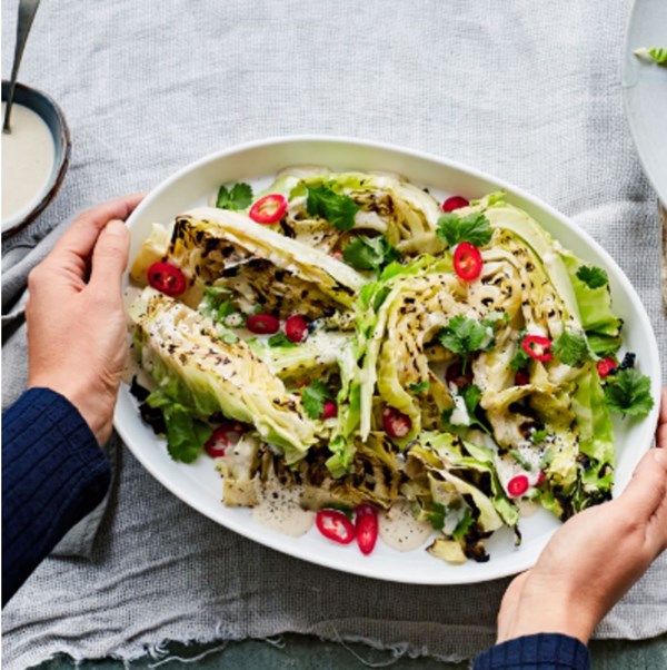 Grilled cabbage with tahini dressing