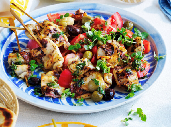 Grilled calamari salad with yoghurt and ouzo dressing