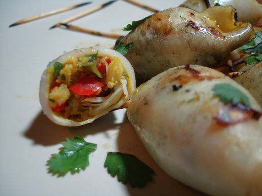 Grilled calamari with curried crab stuffing