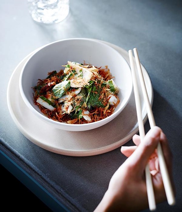 Grilled calamari with herbs and crispy shallots