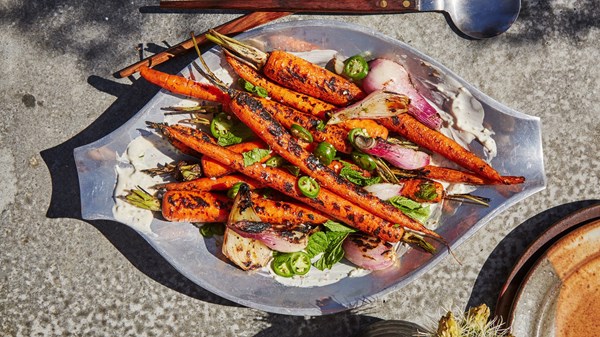 Grilled carrots with cumin-serrano yogurt