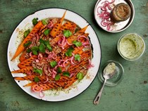 Grilled carrots with red onion pickle and coriander yoghurt