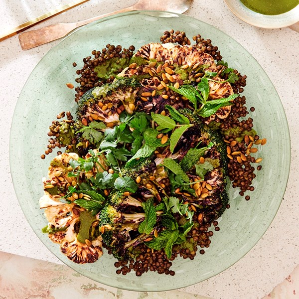 Grilled cauliflower and broccoli with lentils