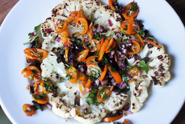 Grilled cauliflower steaks with kumquat olive relish