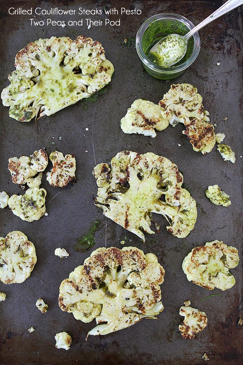 Grilled cauliflower steaks with pesto