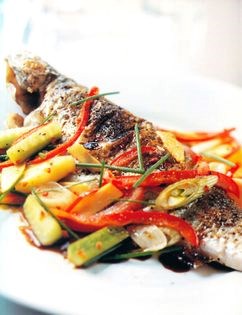 Grilled char with an Asian sweet and sour stir-fry