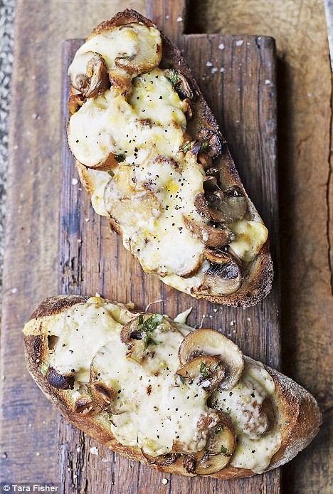 Grilled cheese, mushroom and hazelnut open sandwiches