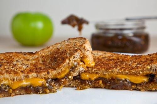 Grilled cheese sandwich with green tomato and jalapeno jam