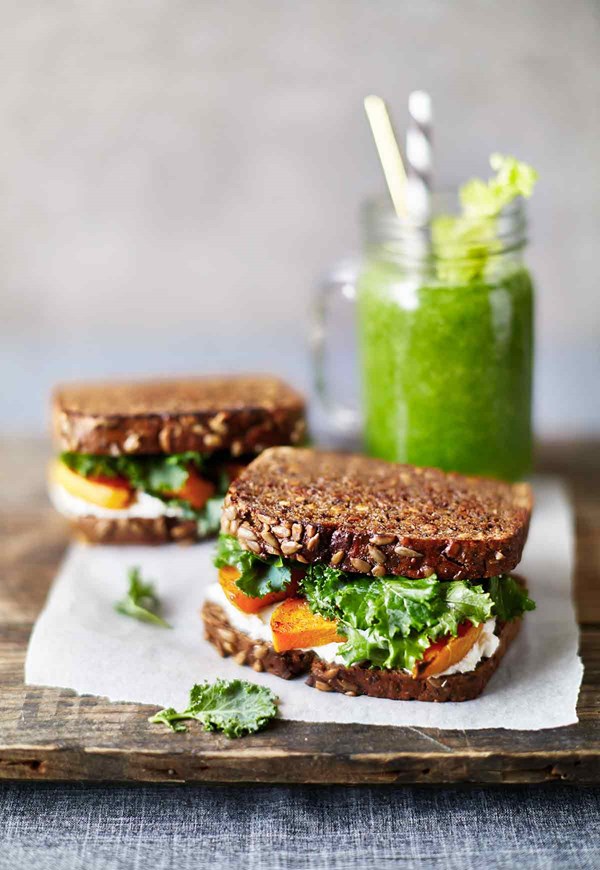Grilled cheese with caramelized butternut squash and kale