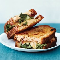 Grilled cheese with onion jam, Taleggio, and escarole