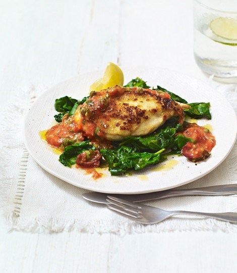 Grilled cherry tomato sauce with pan-fried chicken breast and spinach