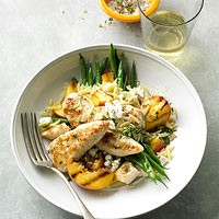 Grilled chicken & peaches with green beans & orzo