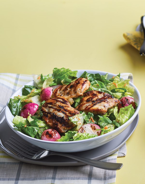 Grilled chicken & radish salad with carrot-miso dressing