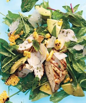 Grilled chicken and corn salad with avocado and Parmesan