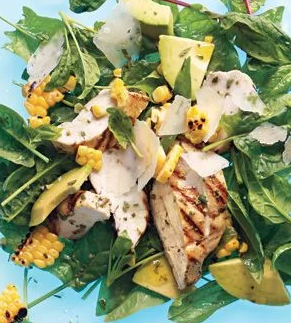 Grilled chicken and corn salad with avocado and Parmesan