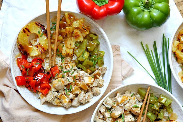 Grilled chicken and pineapple rice bowls with teriyaki glaze