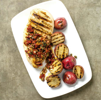 Grilled chicken and potatoes with sun-dried tomato relish