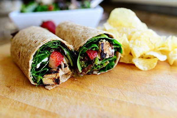 Grilled chicken and strawberry salad wrap