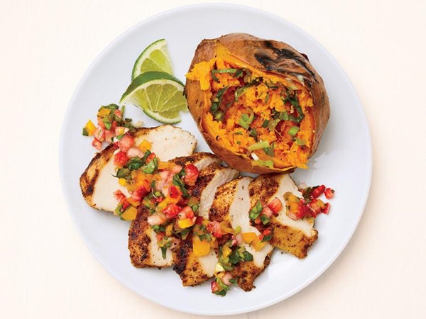 Grilled chicken and sweet potatoes with strawberry salsa