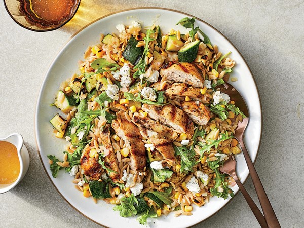 Grilled chicken and vegetable orzo salad