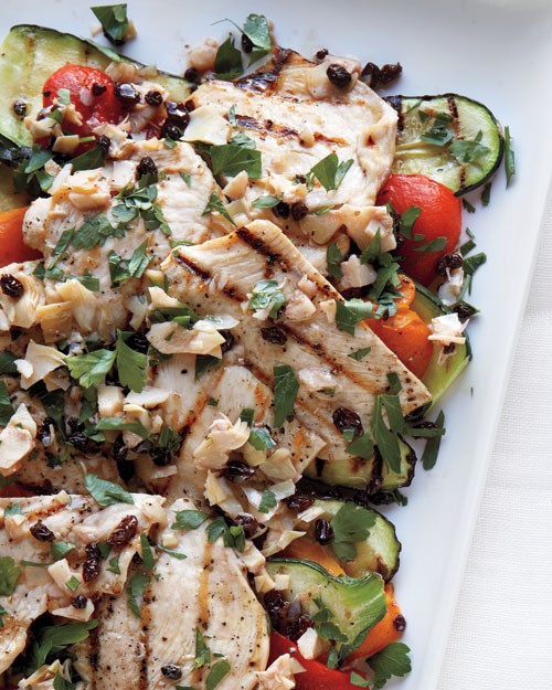 Grilled chicken and vegetables with parsley vinaigrette