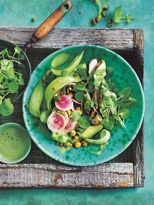 Grilled chicken and watercress salad with tahini and watercress dressing