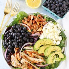 Grilled chicken blueberry feta salad with lemon poppy seed dressing