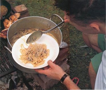 Grilled chicken breast with noodles in creamy mushroom sauce