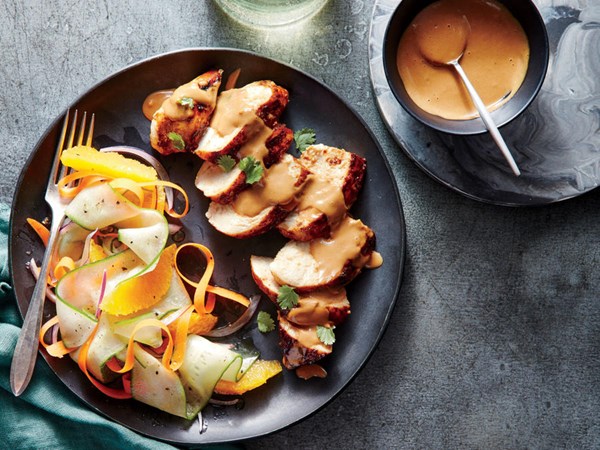 Grilled chicken breasts with satay sauce