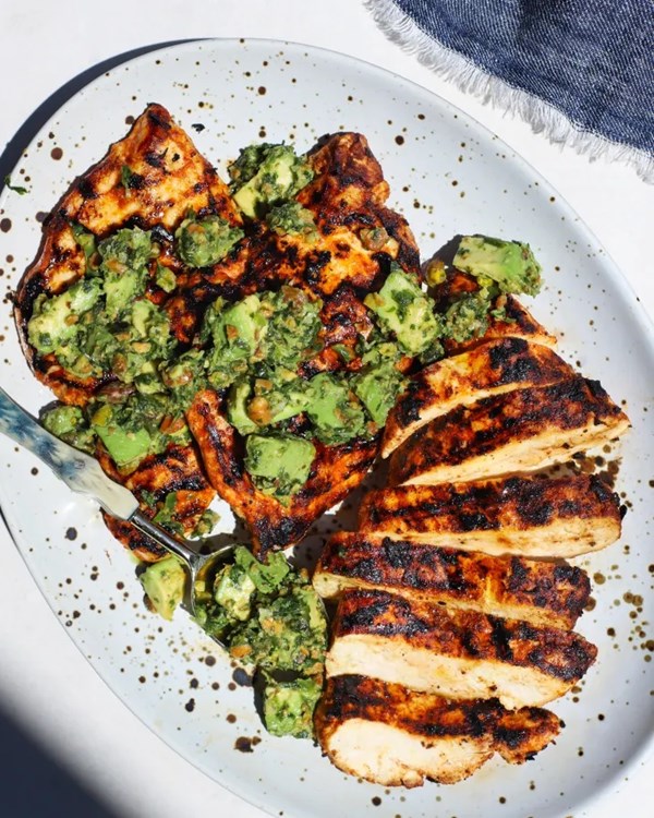 Grilled chicken cutlets with pistachio-avocado relish 