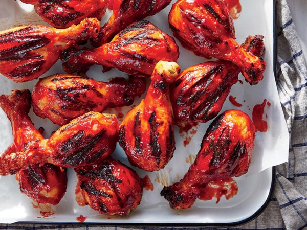 Grilled chicken drumsticks with bourbon-cherry BBQ sauce