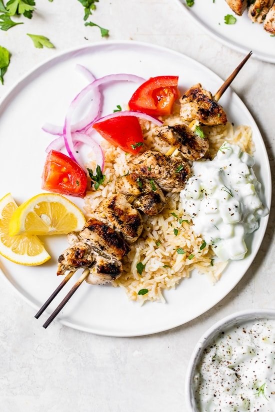 Grilled chicken kabobs with cucumber yogurt sauce