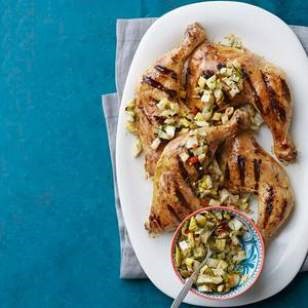 Grilled chicken legs with fennel & olive relish
