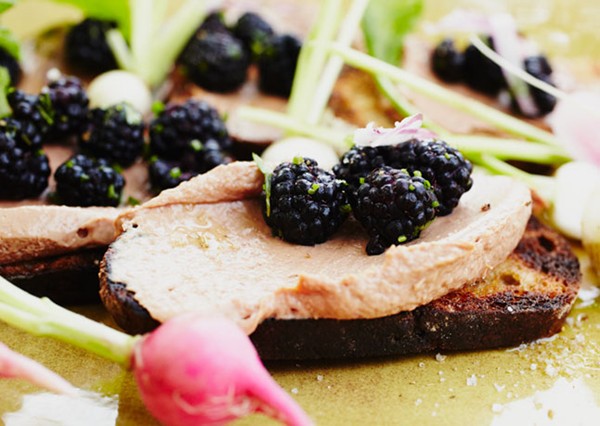 Grilled chicken liver pâté and blackberry crostini