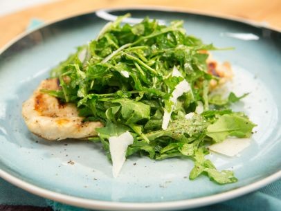 Grilled chicken paillard with arugula and shaved pecorino