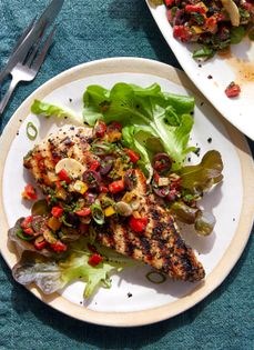 Grilled chicken paillard with roasted pepper and Kalamata olive salsa