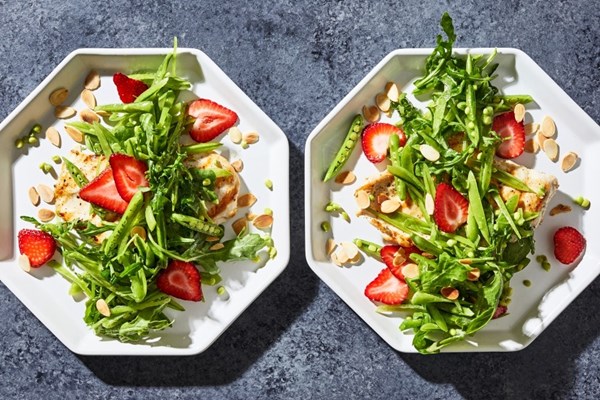 Grilled chicken paillards with sugar snap pea and strawberry salad