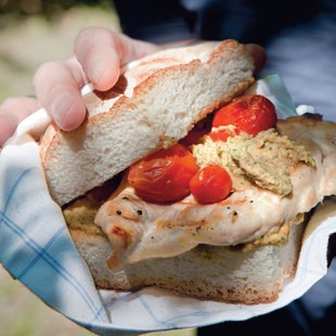 Grilled chicken panini with peanut sauce and burst cherry tomatoes (Panini di pollo con crema alle arachidi e pomodorini)
