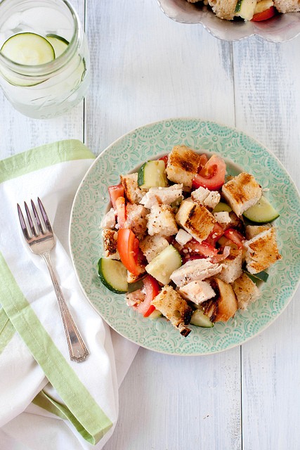 Grilled chicken panzanella with cucumber and feta
