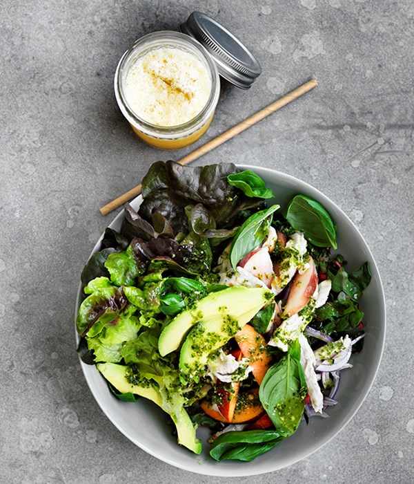 Grilled chicken, peach and avocado salad