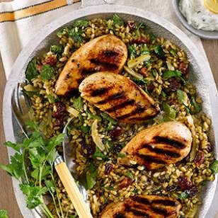 Grilled chicken salad with freekeh, preserved lemon & dried cherries