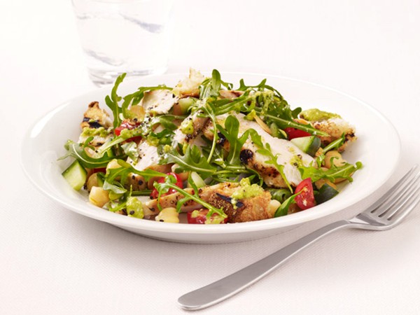 Grilled chicken salad with gazpacho dressing
