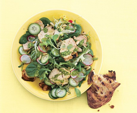 Grilled chicken salad with radishes, cucumbers, and tarragon pesto