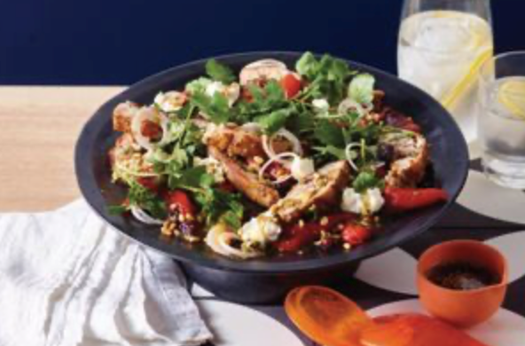 Grilled chicken salad with roasted peppers and za'atar dressing
