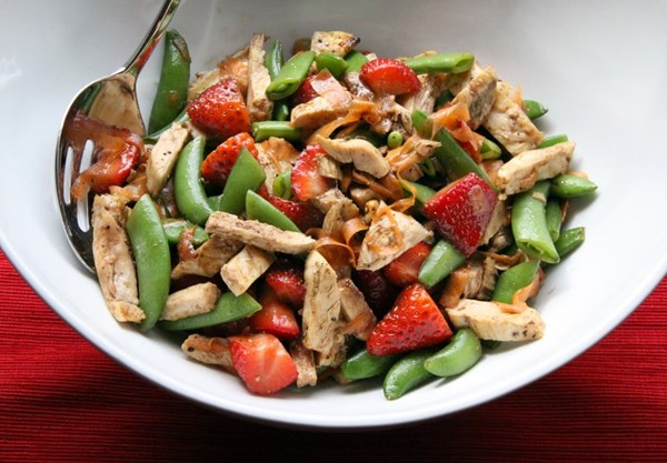 Grilled chicken salad with sugar snap peas and strawberries