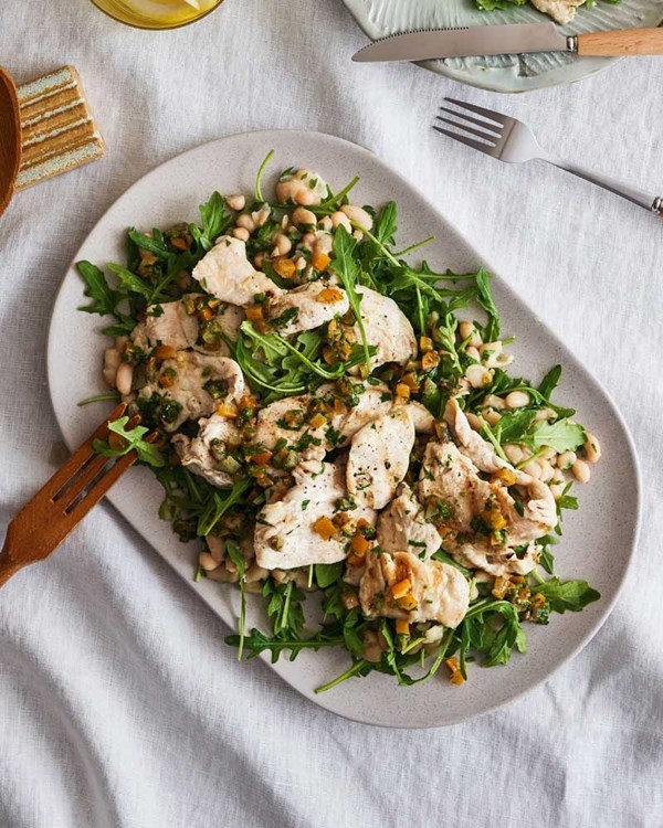 Grilled chicken salad with white beans & preserved lemon & anchovy salsa