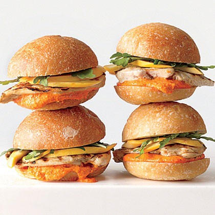 Grilled chicken sandwiches with pickled squash and romesco mayonnaise