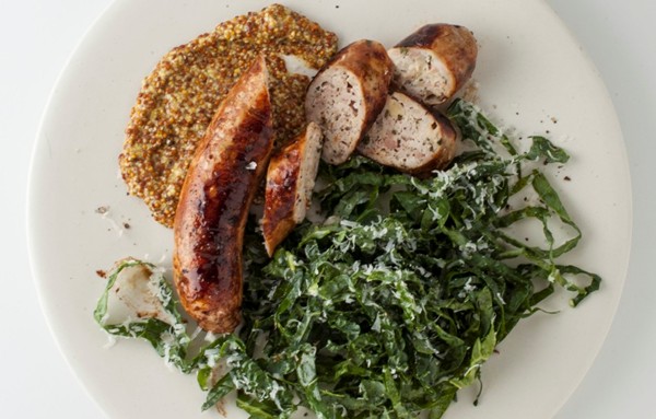 Grilled chicken sausages with shredded kale and pecorino