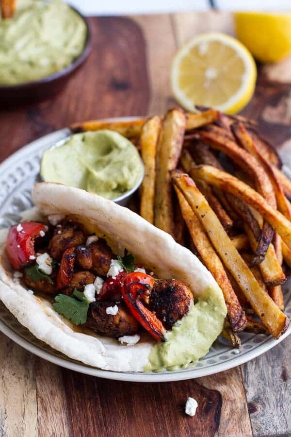 Grilled chicken skewers with roasted garlic avocado mayo (Shish tawook)